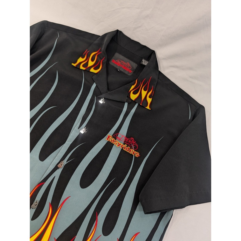 Vintage 90s Y2K Easyriders Button Shirt Flames Biker Large Flame‎ Metal Buttons